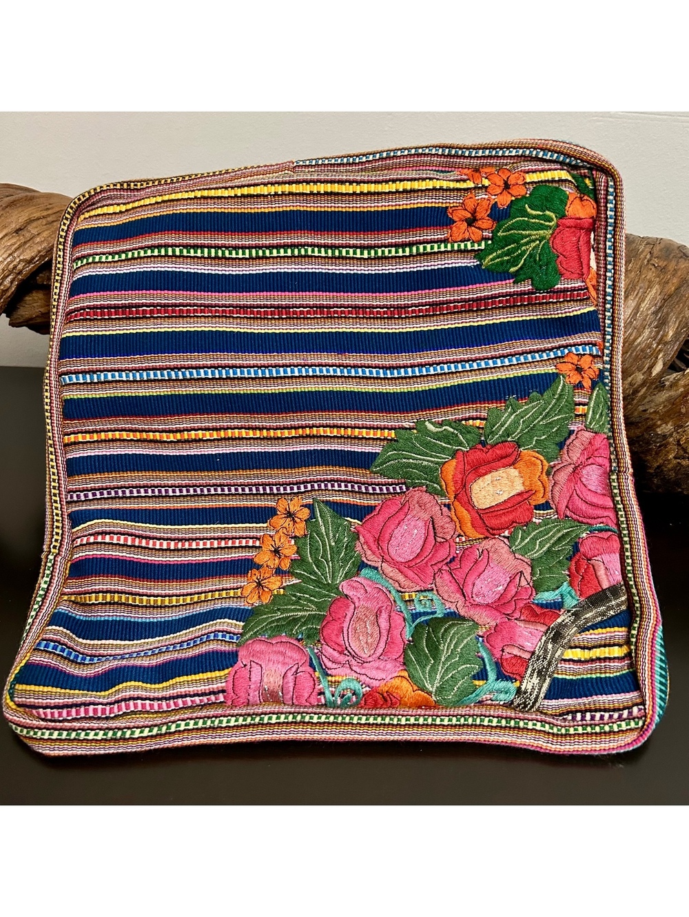 Guatemalan Embroidered Floral Pillow Cover 12x13 Cotton Boho Folk Art Zip